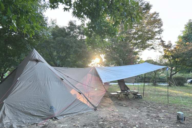 テントにタープが直結されている様子